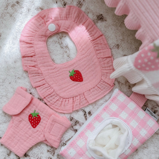🍓 Strawberry Frilled Bib & Diaper Doll Set