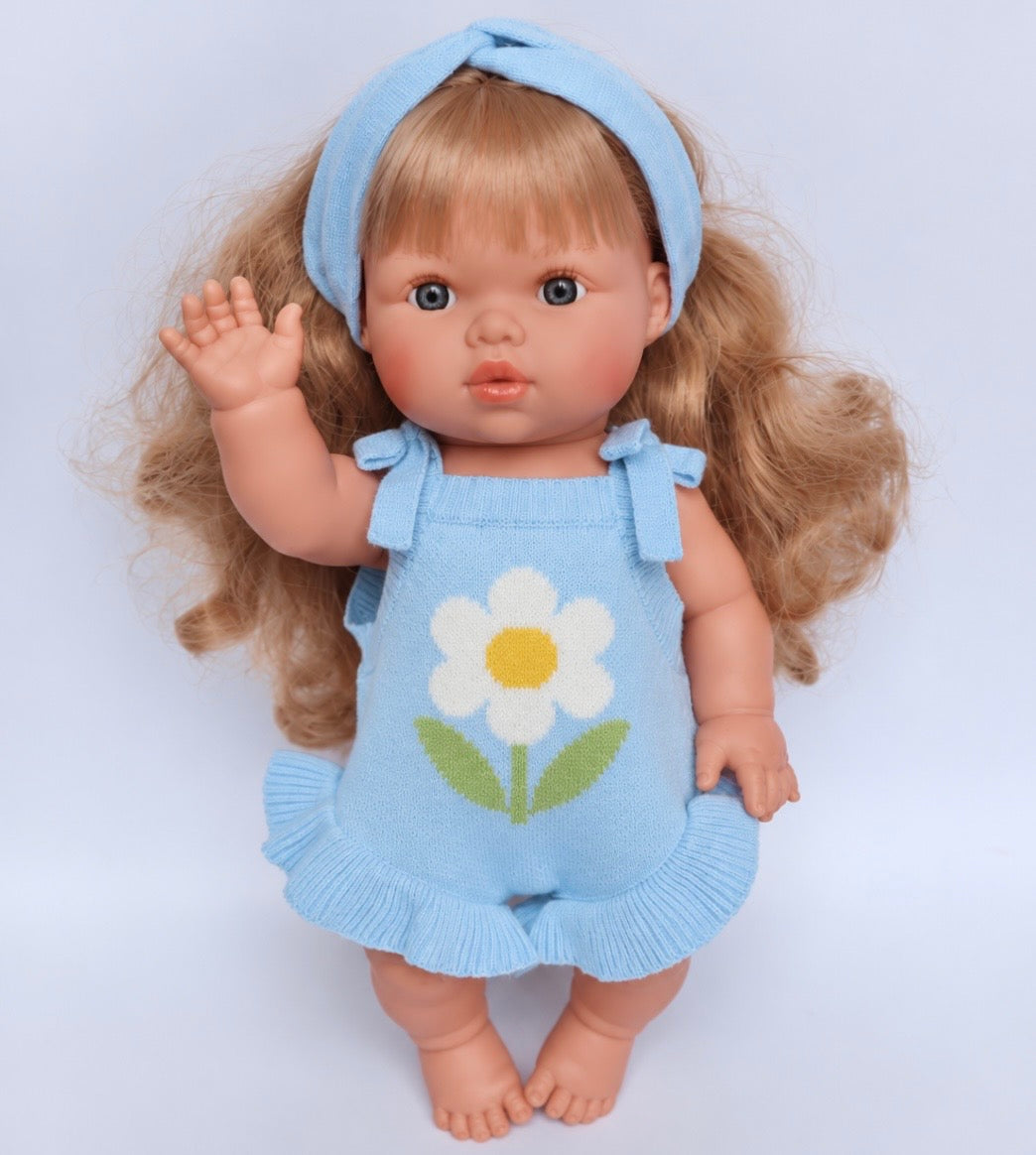 PRE ORDER Garden girls cornflower Blue knitted Romper Dolls clothes - Fits 34-38cm Minikane Gordis, Mini Colettos, Miniland Dolls, Llorens dolls