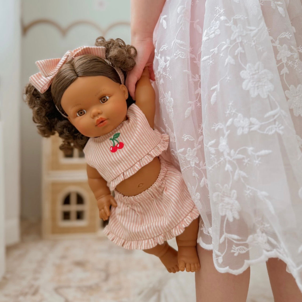 Dolls Vintage Pink & Ivory Frilled Three-Piece Set with Cherry π Embroidery - Fits 34-38cm Minikane Gordis, Mini Colettos, Llorens dolls