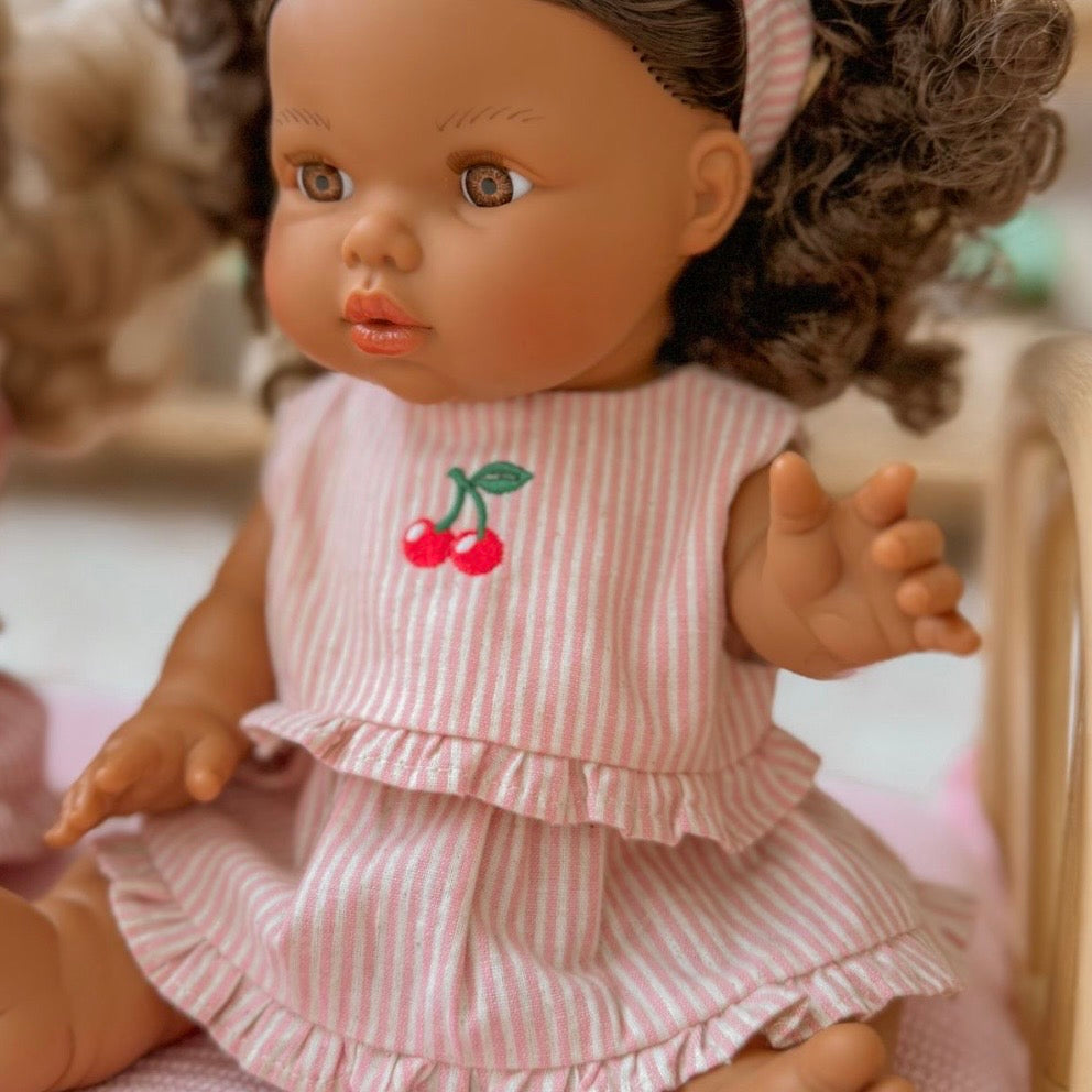 PRE ORDER Vintage Pink & Ivory Frilled Three-Piece Set with Cherry 🍒 Embroidery