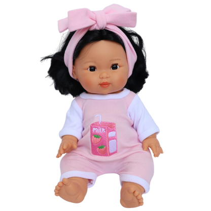 PRE ORDER Strawberry Sips Milk Romper + Bow set - Fits 34-38cm Minikane Gordis, Mini Colettos, Miniland Dolls, Llorens dolls (Copy)