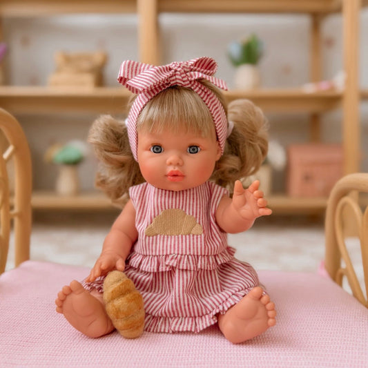 3-piece top + skirt + bow dolls set in Croissant vintage Red Ivory pinstripe - Fits 34-38cm Minikane Gordis, Mini Colettos, Llorens dolls