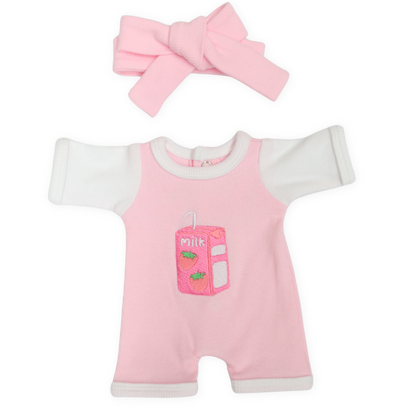 PRE ORDER Strawberry Sips Milk Romper + Bow set - Fits 34-38cm Minikane Gordis, Mini Colettos, Miniland Dolls, Llorens dolls (Copy)