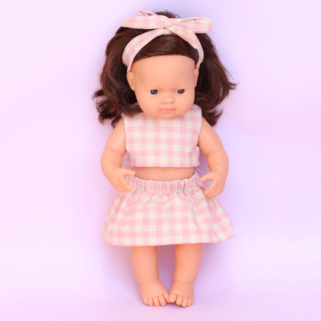 Two piece set + Head wrap in Pink Gingham