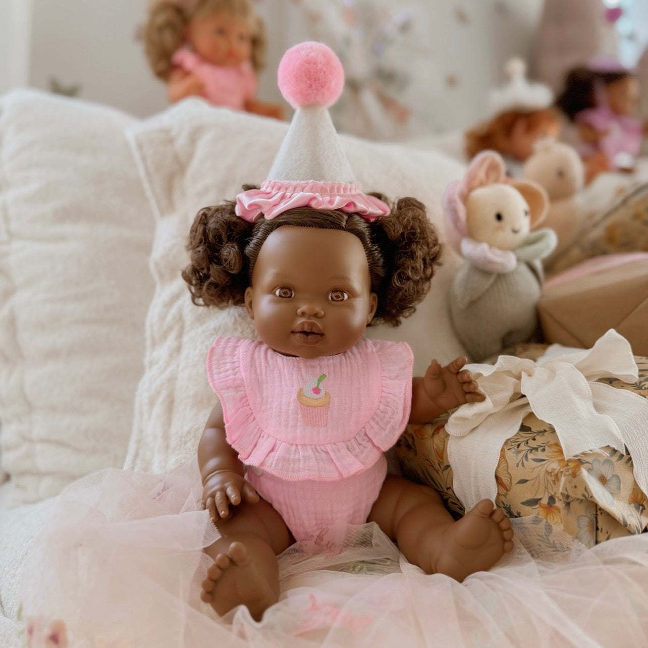 PRE ORDER Pink Birthday Cupcake Bib & Diaper Doll Set - Fits 34-38cm Minikane Gordis, Mini Colettos, Llorens dolls party set (Copy)