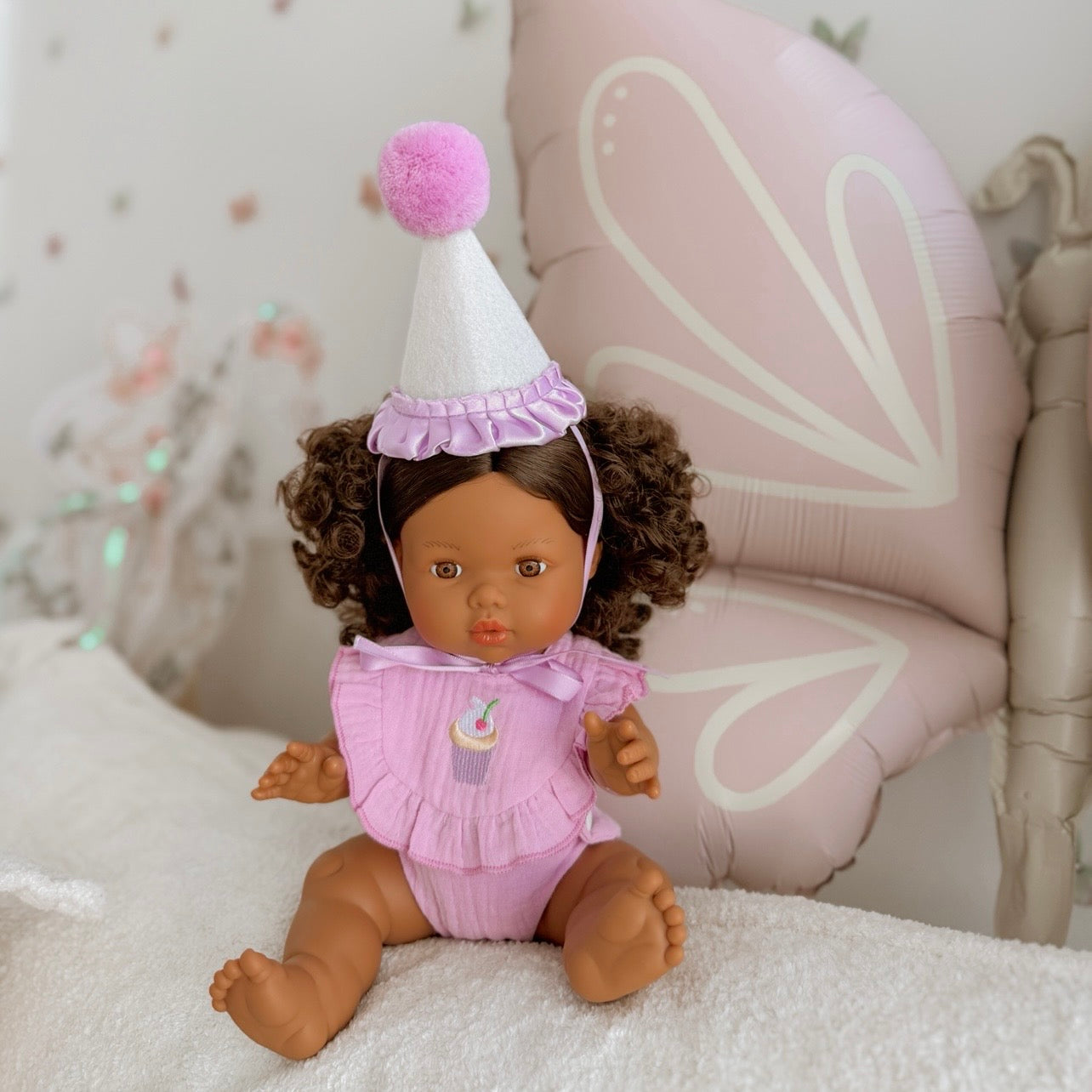 PRE ORDER Lilac Birthday Cupcake Bib & Diaper Doll Set - Fits 34-38cm Minikane Gordis, Mini Colettos, Llorens dolls party set