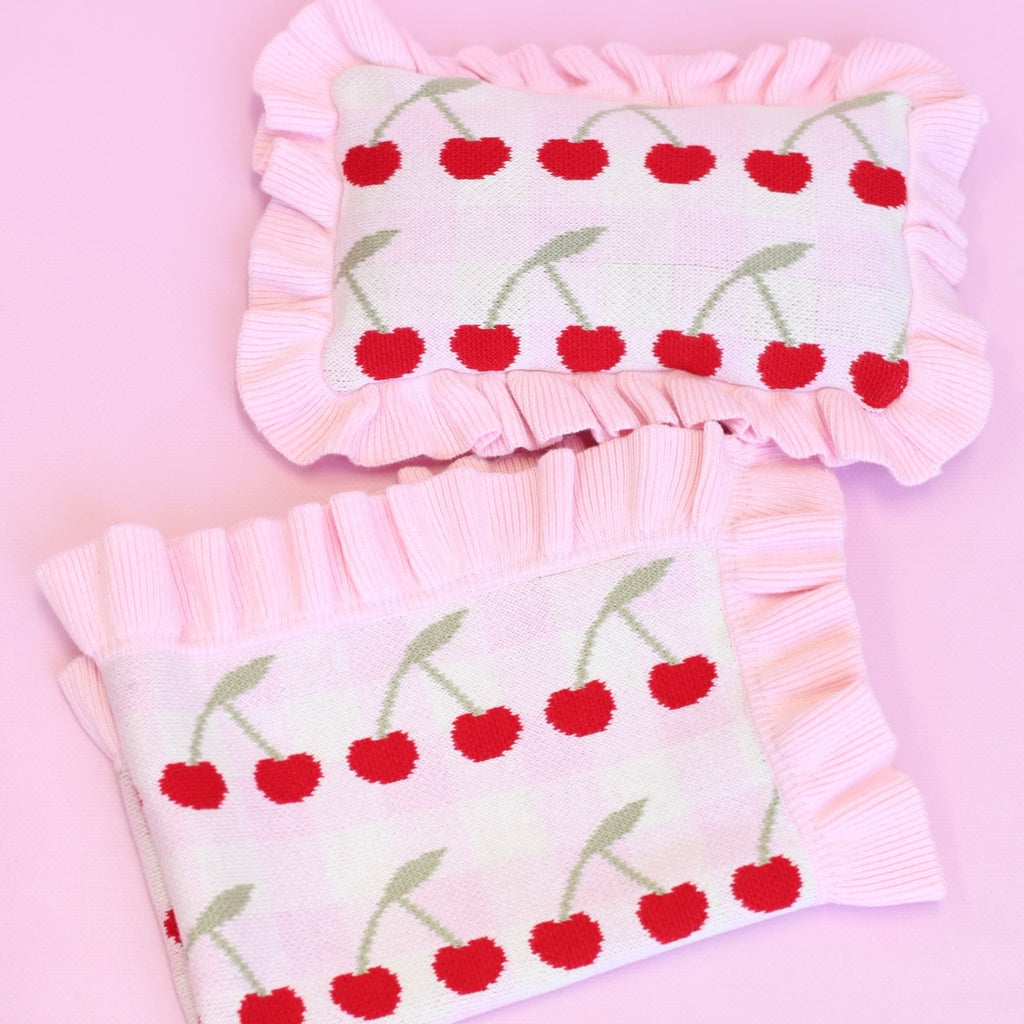 IN STOCK Frilled Gingham Cherry Blanket + Pillow set