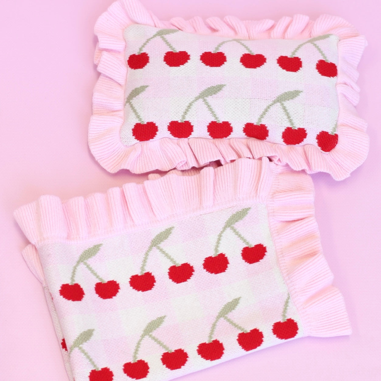 Frilled Gingham Cherry Blanket + Pillow set