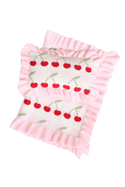 IN STOCK Frilled Gingham Cherry Blanket + Pillow set