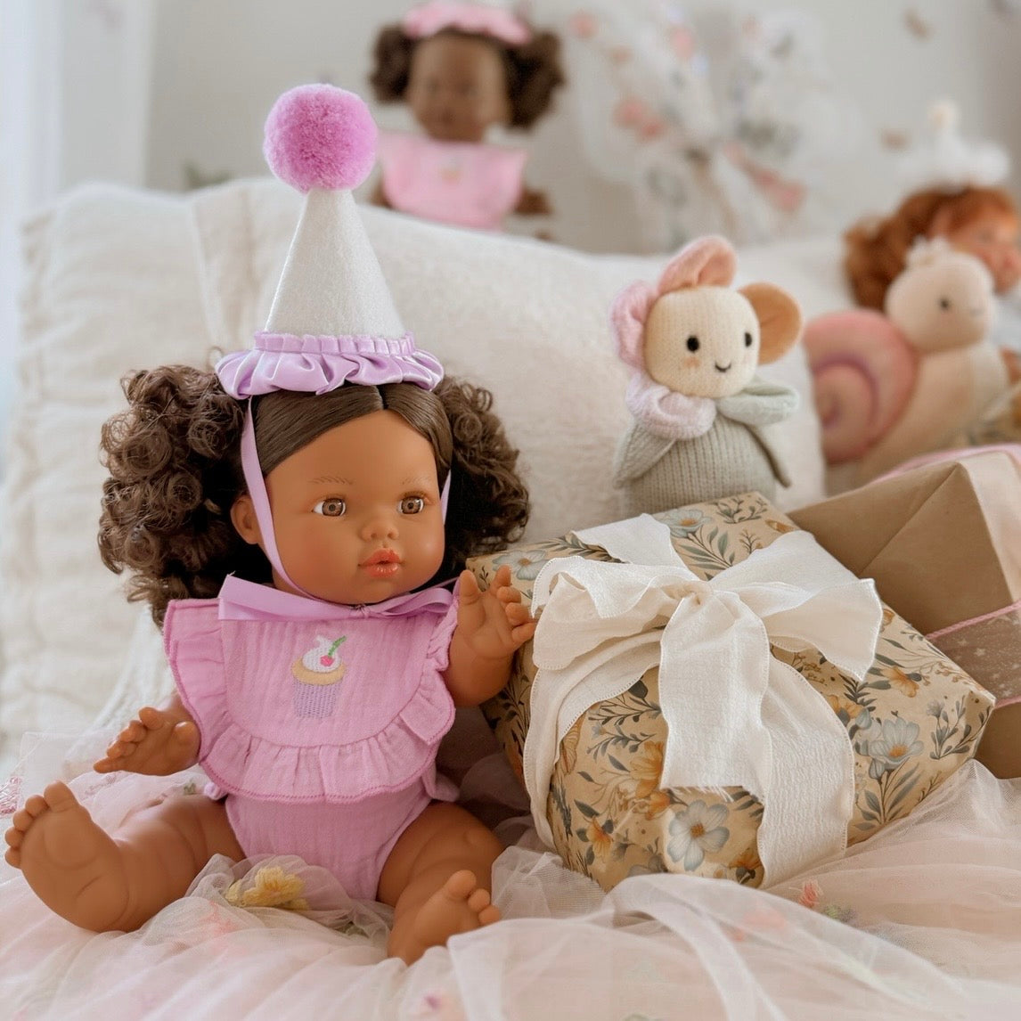 PRE ORDER Lilac Birthday Cupcake Bib & Diaper Doll Set - Fits 34-38cm Minikane Gordis, Mini Colettos, Llorens dolls party set