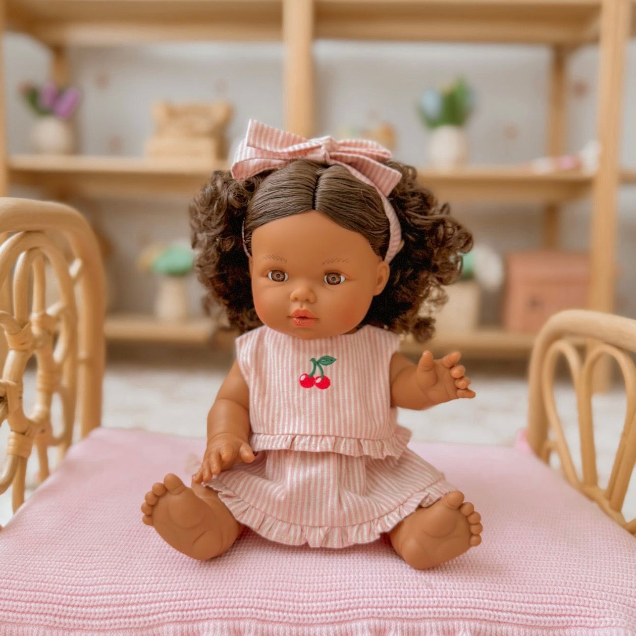 PRE ORDER Vintage Pink & Ivory Frilled Three-Piece Set with Cherry 🍒 Embroidery