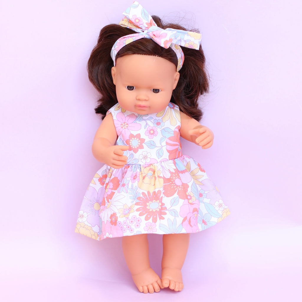 Lined bodice dress + Head wrap in Vintage petal garden