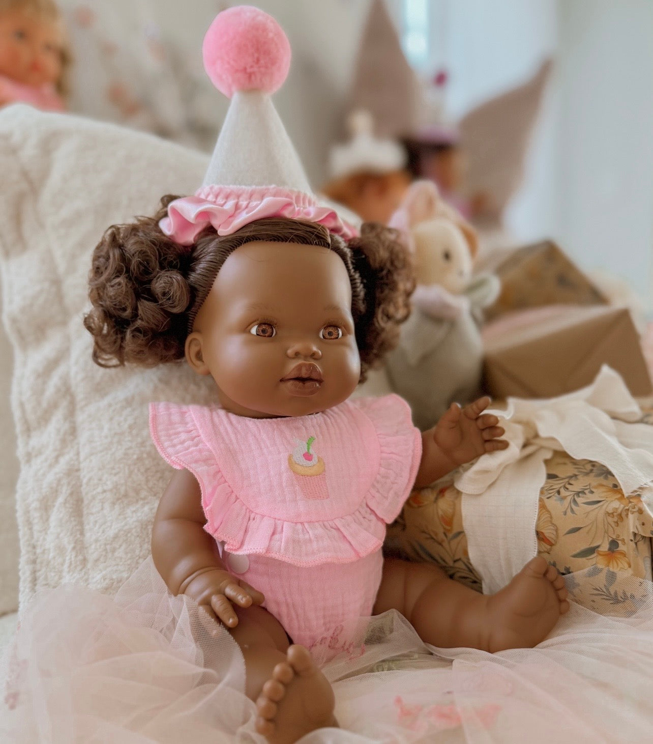 PRE ORDER Pink Birthday Cupcake Bib & Diaper Doll Set - Fits 34-38cm Minikane Gordis, Mini Colettos, Llorens dolls party set (Copy)