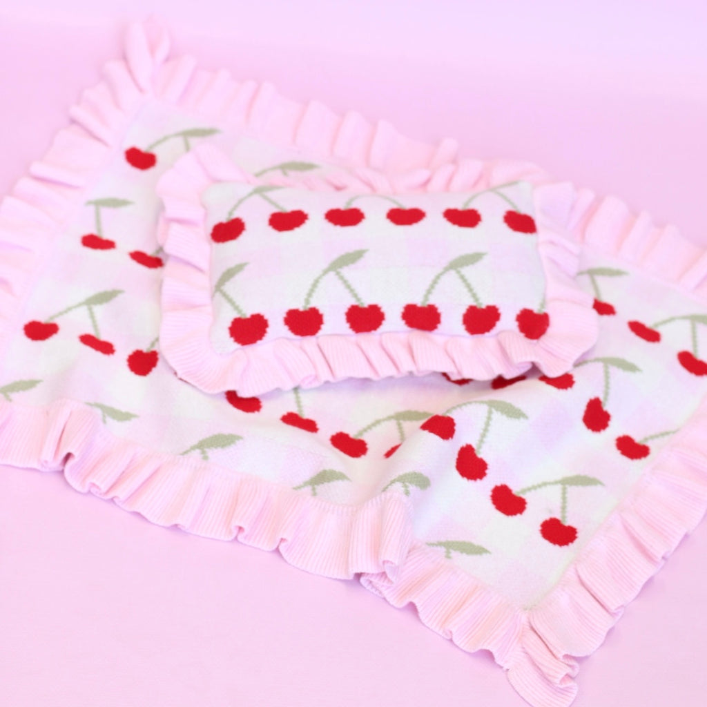 IN STOCK Frilled Gingham Cherry Blanket + Pillow set