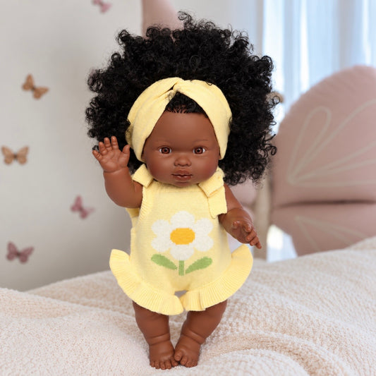 PRE ORDER Garden girls Doll buttercup yellow knitted Romper Dolls clothes - Fits 34-38cm Minikane Gordis, Mini Colettos, Miniland Dolls, Llorens dolls