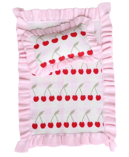 Frilled Gingham Cherry Blanket + Pillow set