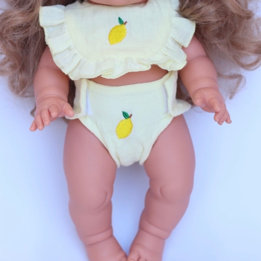 🍋 Lemon Frilled Bib & Diaper Doll Set - Fits 34-38cm Minikane Gordis, Mini Colettos, Llorens dolls