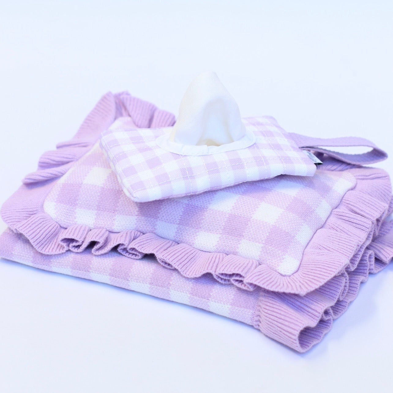IN STOCK Frilled Purple Gingham doll Blanket + Pillow set