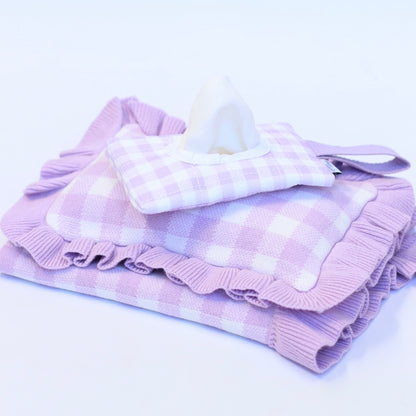 Frilled Purple Gingham doll Blanket + Pillow set