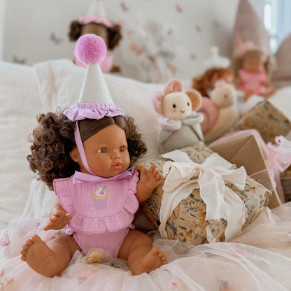 PRE ORDER Lilac Birthday Cupcake Bib & Diaper Doll Set - Fits 34-38cm Minikane Gordis, Mini Colettos, Llorens dolls party set