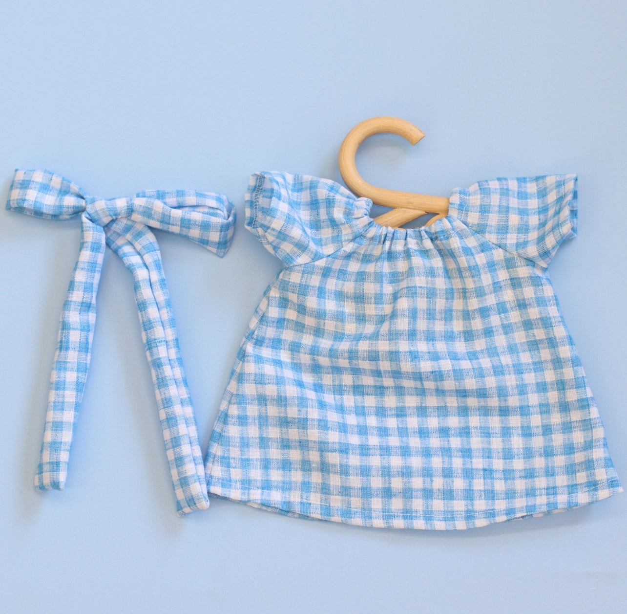 Two piece set + Head wrap in Blue Gingham