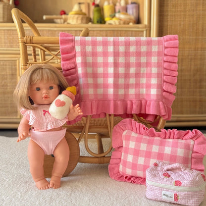 Frilled tulip Pink Gingham doll Blanket + Pillow set