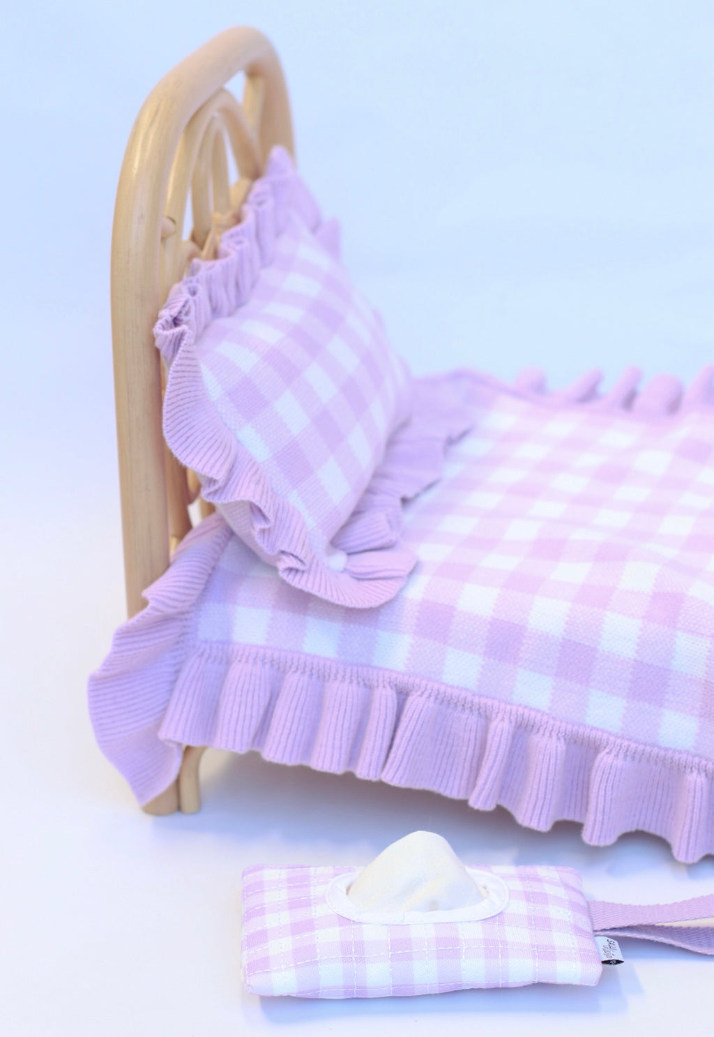 IN STOCK Frilled Purple Gingham doll Blanket + Pillow set