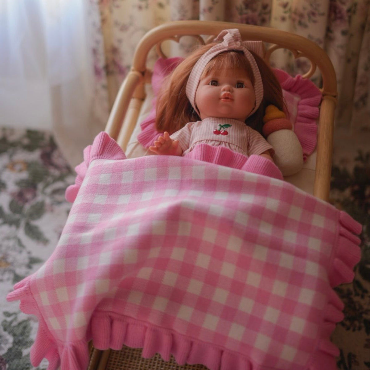 Frilled tulip Pink Gingham doll Blanket + Pillow set