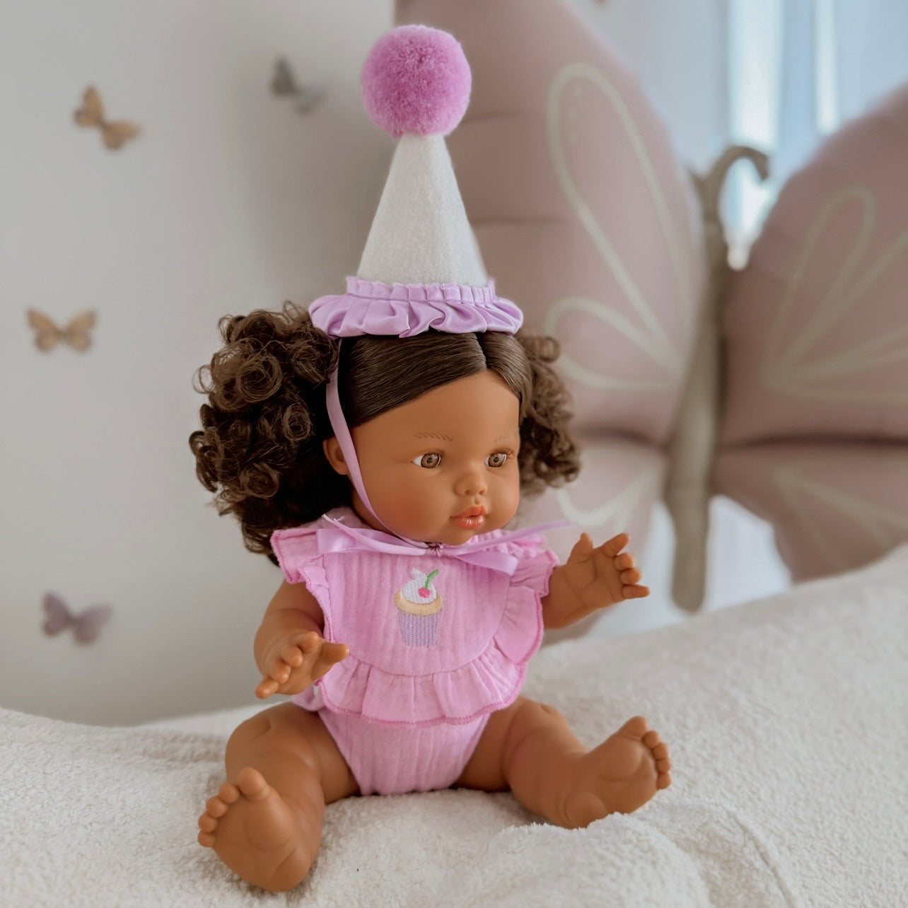 PRE ORDER Lilac Birthday Cupcake Bib & Diaper Doll Set - Fits 34-38cm Minikane Gordis, Mini Colettos, Llorens dolls party set