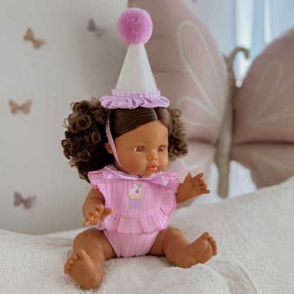 PRE ORDER Lilac Birthday Cupcake Bib & Diaper Doll Set - Fits 34-38cm Minikane Gordis, Mini Colettos, Llorens dolls party set