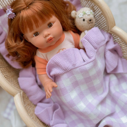 Frilled Purple Gingham doll Blanket + Pillow set
