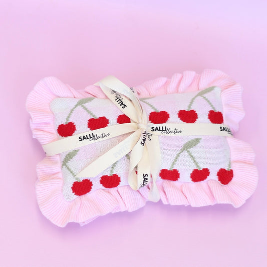 Frilled Gingham Cherry Blanket + Pillow set