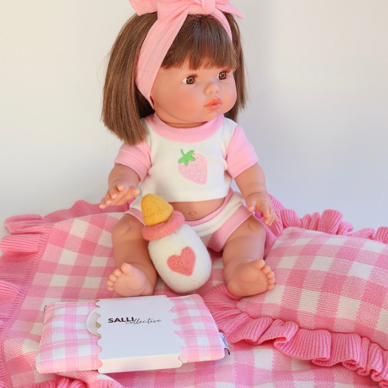Frilled tulip Pink Gingham doll Blanket + Pillow set (Copy)