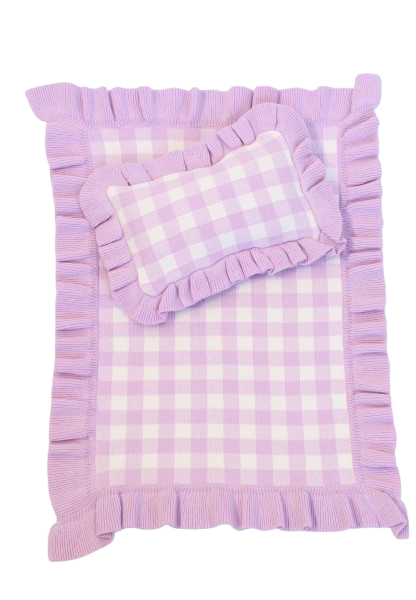 IN STOCK Frilled Purple Gingham doll Blanket + Pillow set