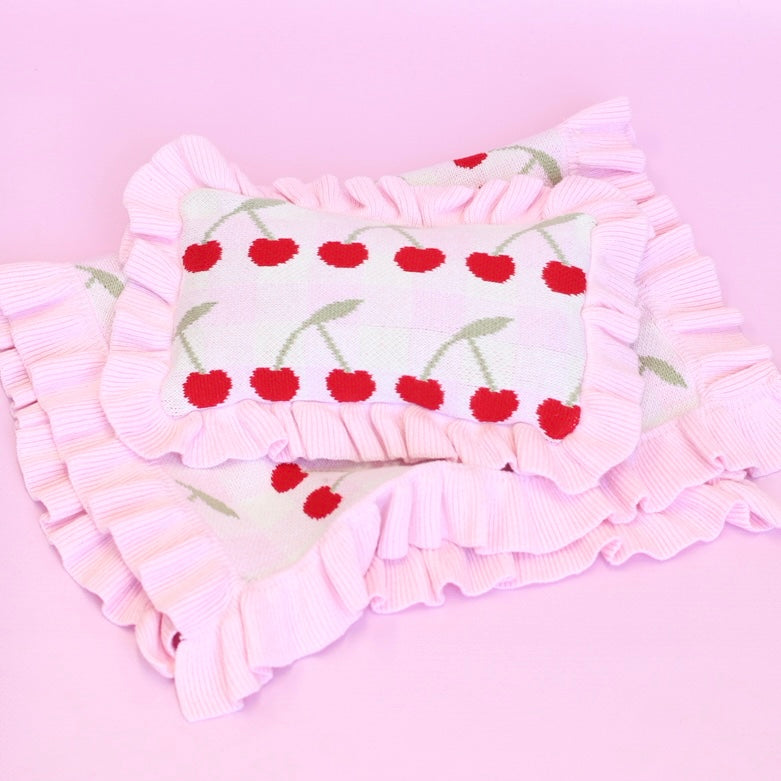 IN STOCK Frilled Gingham Cherry Blanket + Pillow set