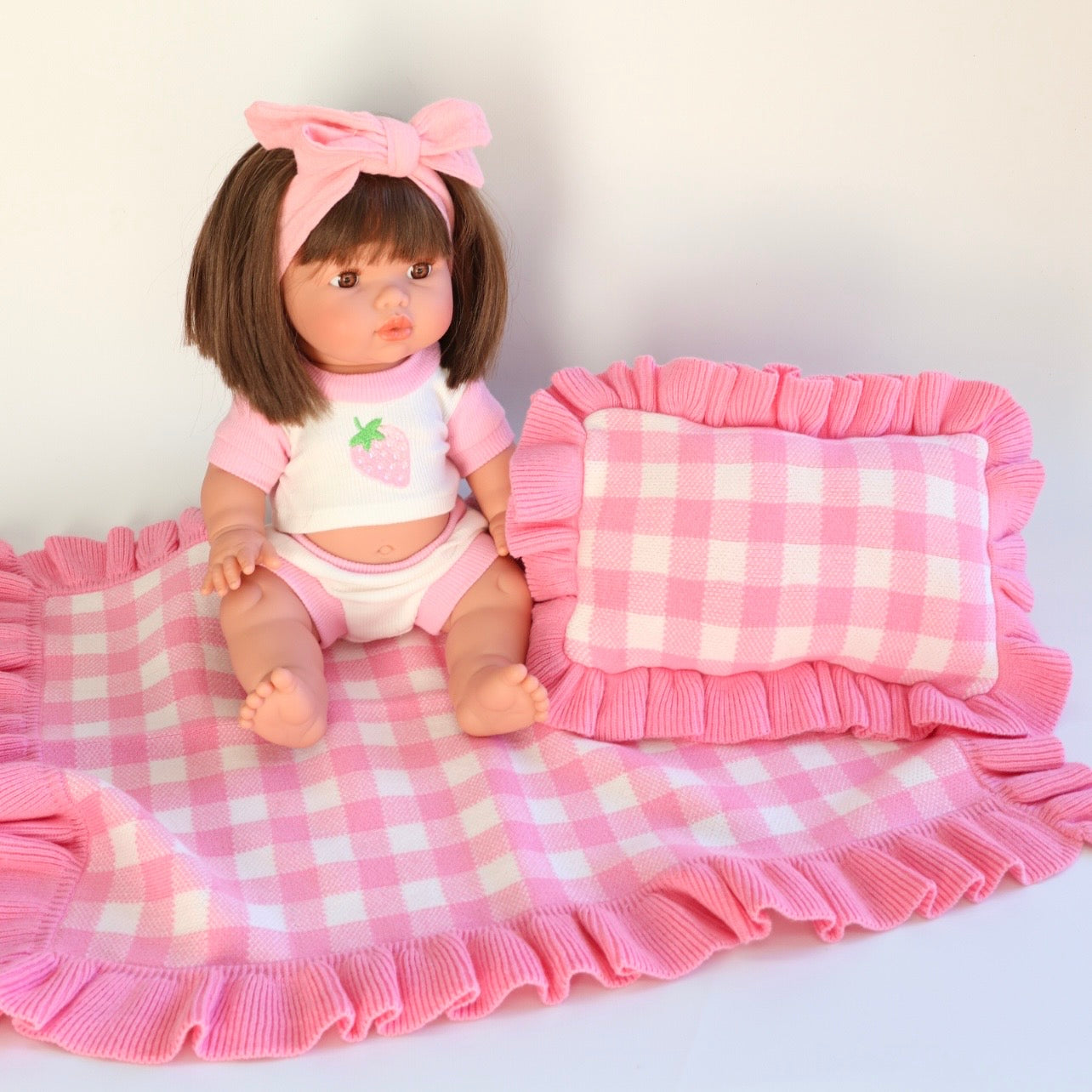 Frilled tulip Pink Gingham doll Blanket + Pillow set (Copy)